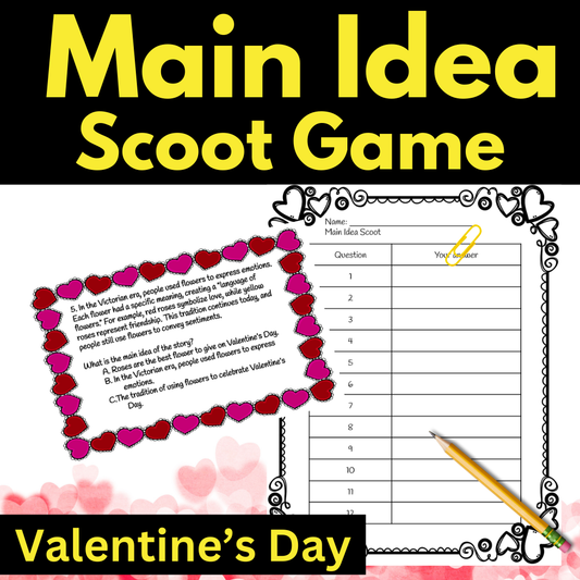 Valentine Game Main Idea Scoot reading game main idea game, 3rd grade reading