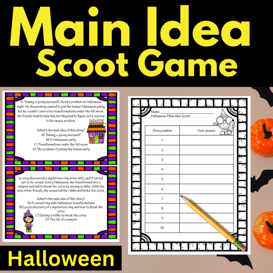 Halloween Game Main Idea, Scoot reading game, main idea game, Halloween Reading