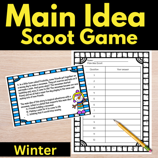 Winter Game Main Idea, Scoot reading game, main idea game, 3rd grade reading