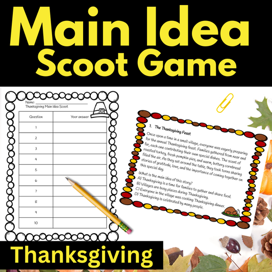 Thanksgiving Game Main Idea, Scoot reading game, main idea game, 3rd grade