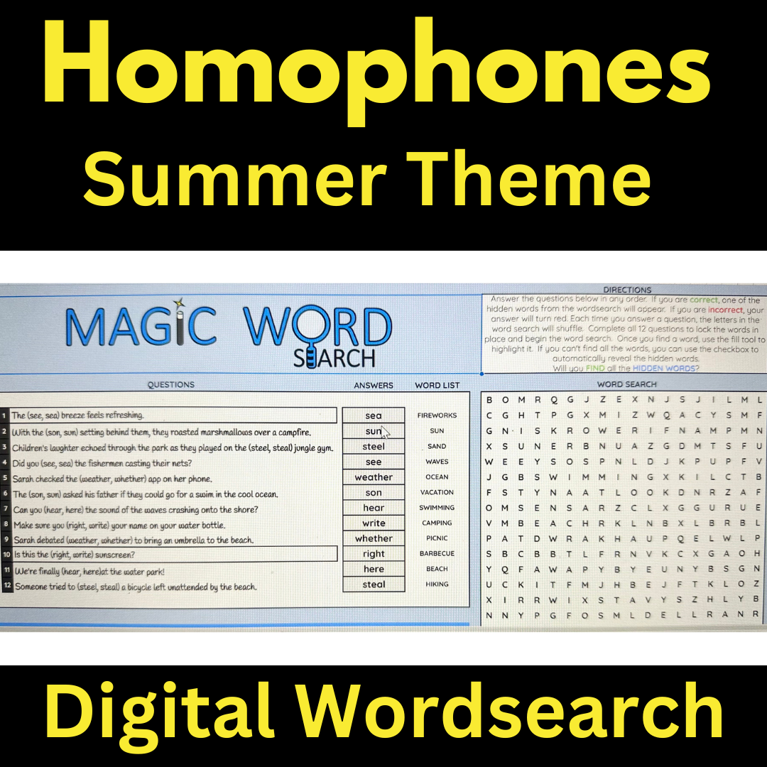 Homophones Game Summer Digital Wordsearch Self Checking Google Activity Online