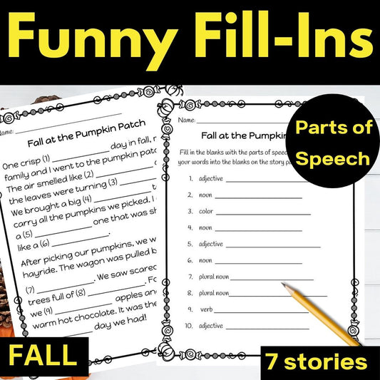 Fall Grammar Parts of Speech Game Funny Writing Ad Lib Stories 3rd Grade English