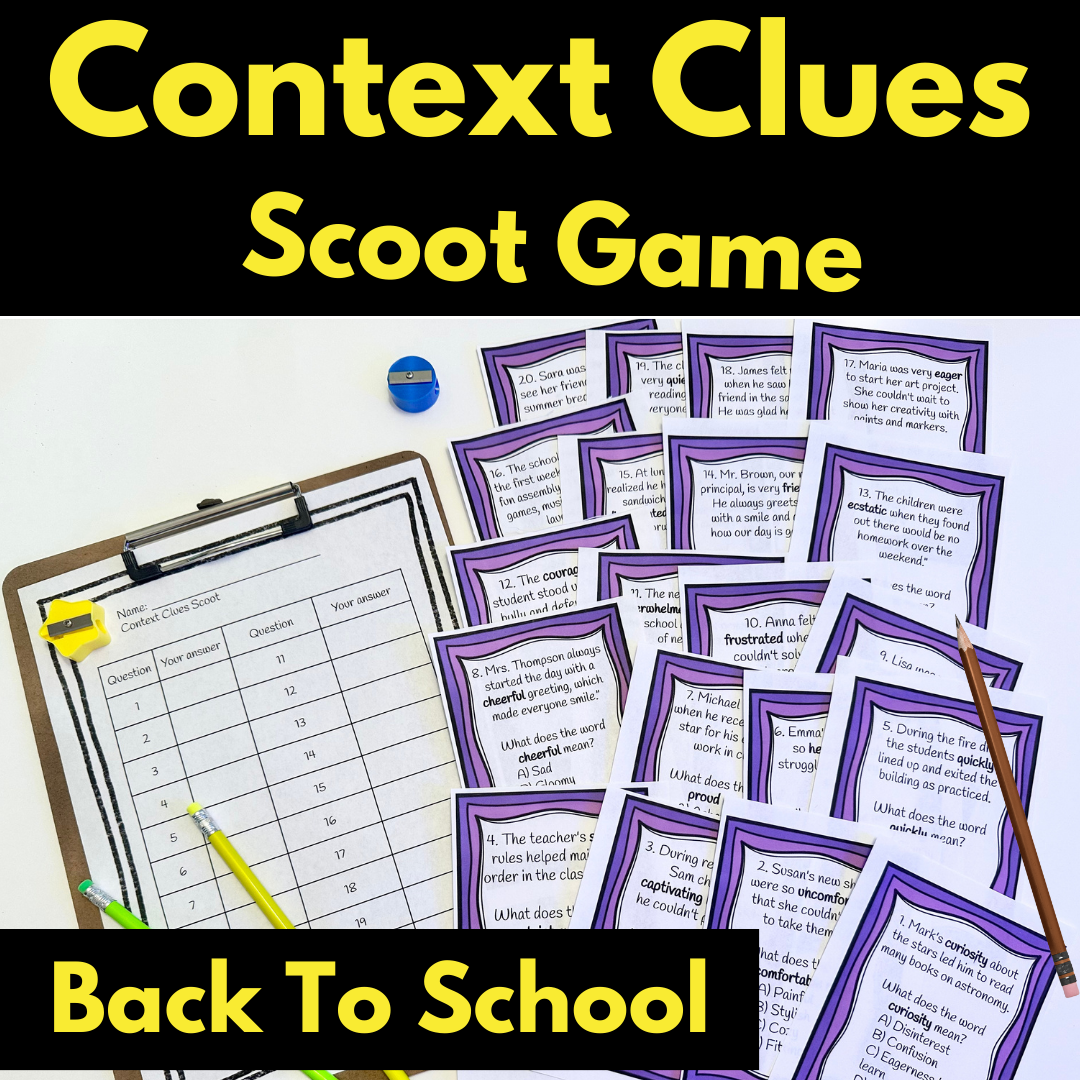 Back To School Context Clues Reading Scoot Game Activity Task Cards Center