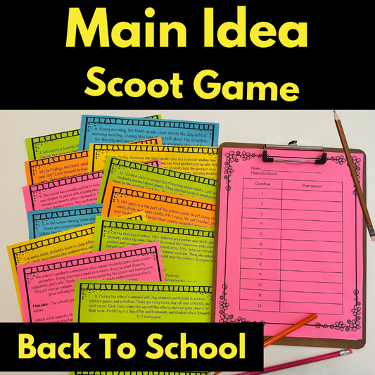 Back To School Main Idea & Details Reading Scoot Game Activity Task Cards Center