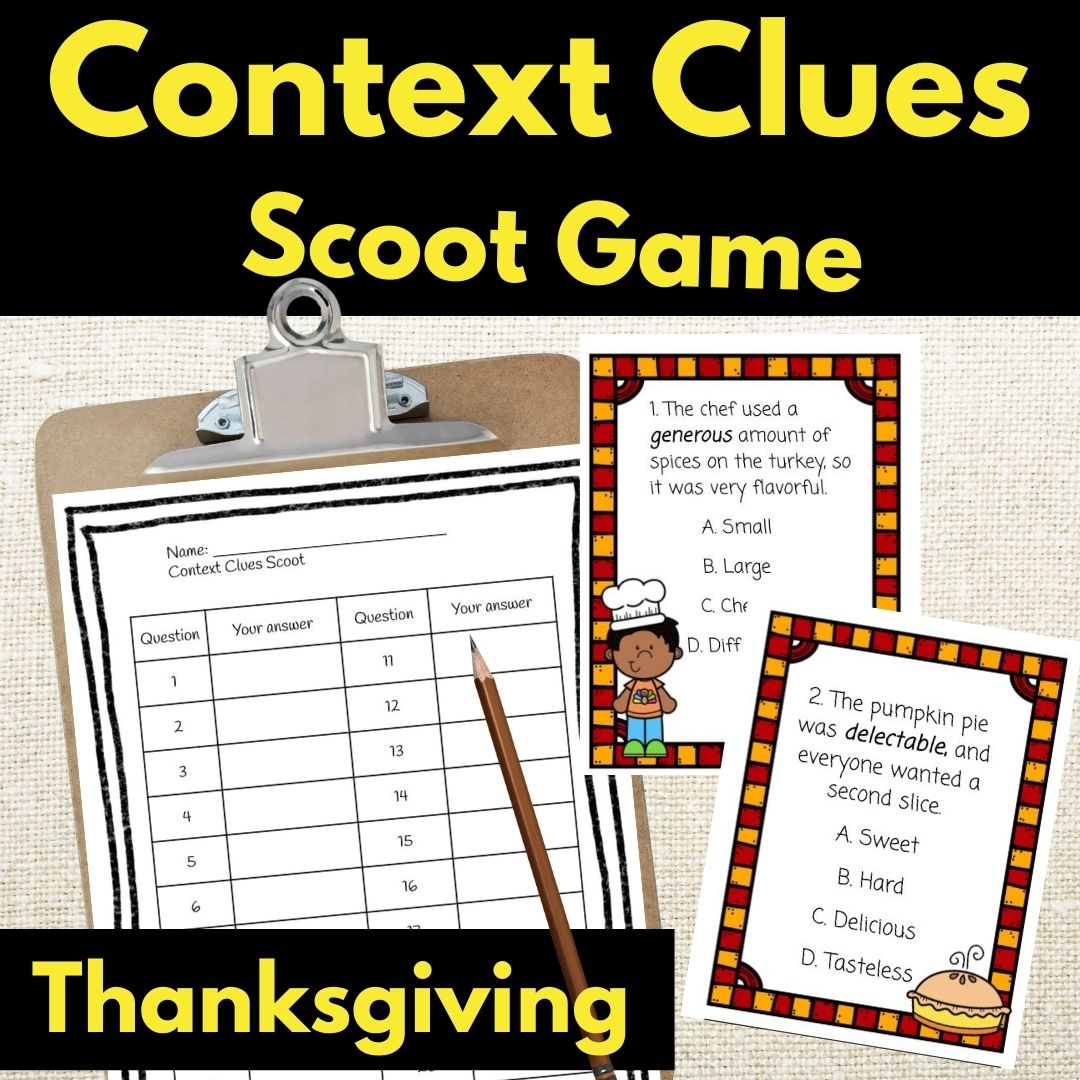 Thanksgiving Context Clues Scoot Reading Game Task Cards Stations Activity 3rd