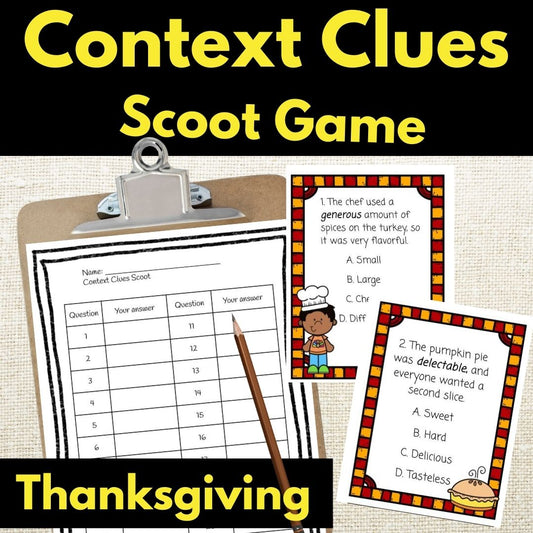 Thanksgiving Context Clues Scoot Reading Game Task Cards Stations Activity 3rd