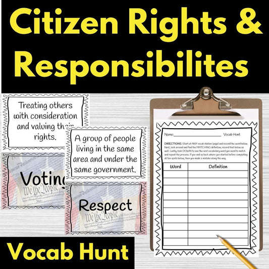 Citizen Rights and Responsibilities Vocabulary Hunt Game Reading Social Studies